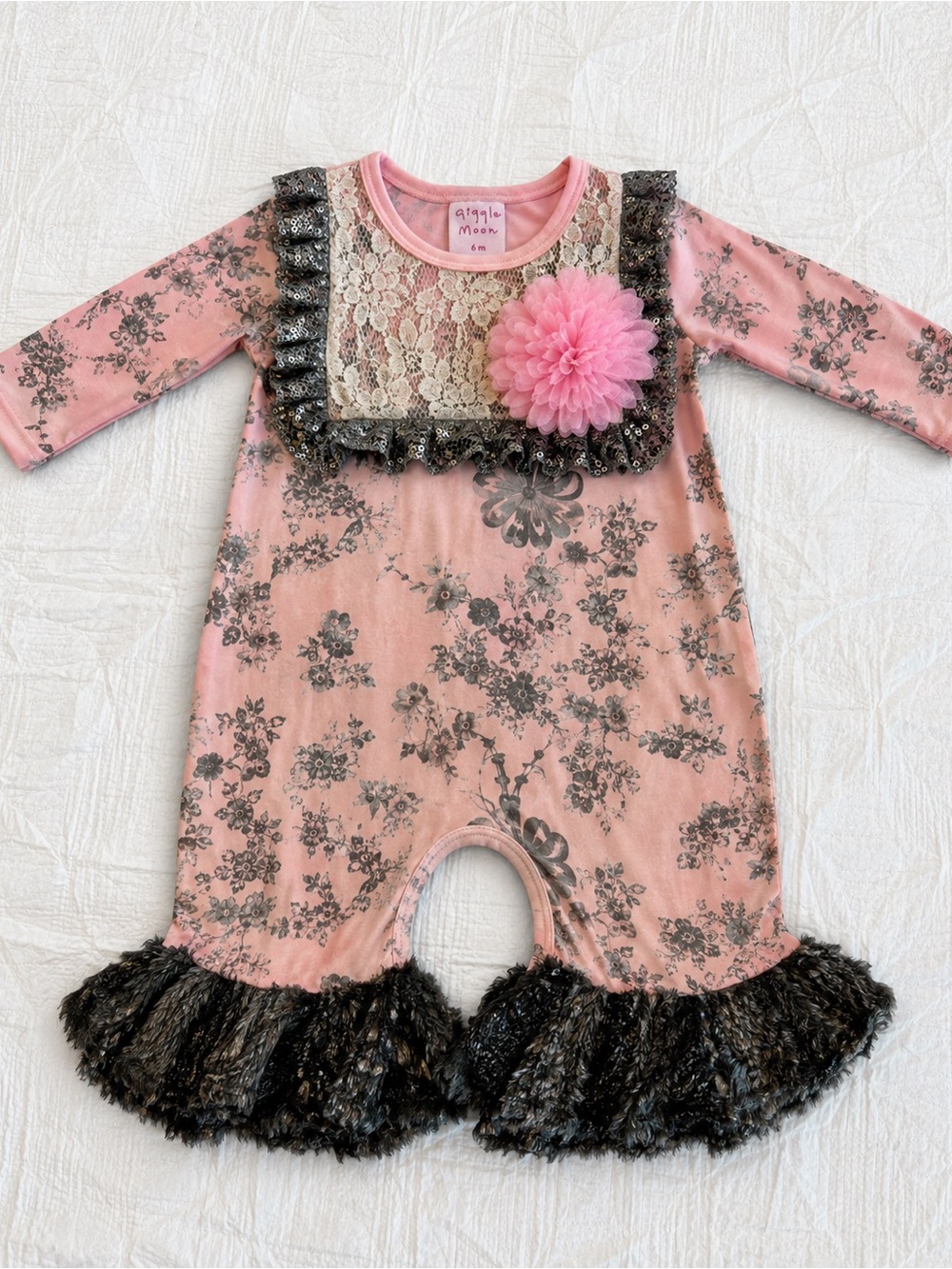 NWT giggle moon Pink Floral Baby Romper with Lace and feather Bell bottoms